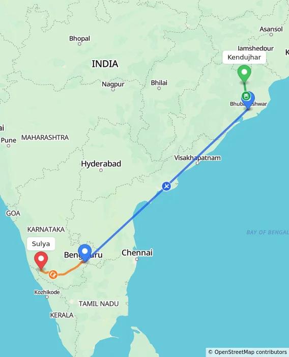 Route map showing distance and travel time from Kendujhar, India to Sulya, India