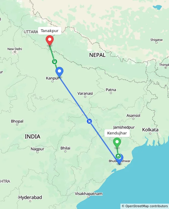 Route map showing distance and travel time from Kendujhar, India to Tanakpur, India
