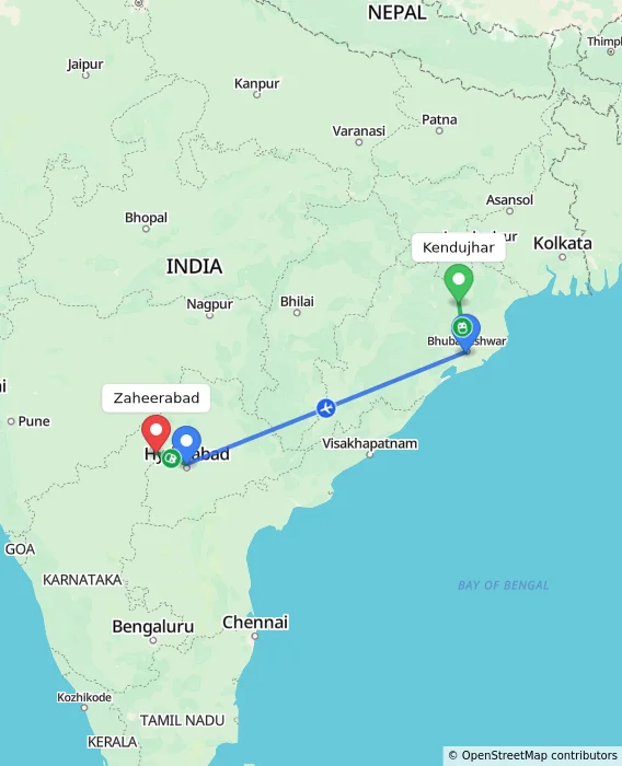 Route map showing distance and travel time from Kendujhar, India to Zaheerabad, India
