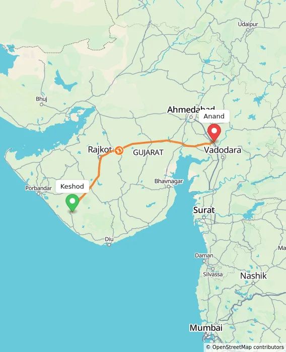 Route map showing distance and travel time from Keshod, India to Anand, India