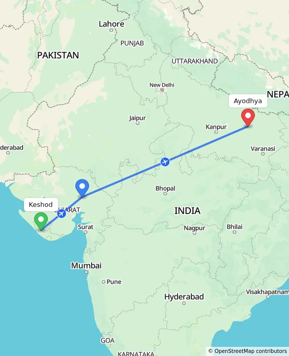 Route map showing distance and travel time from Keshod, India to Ayodhya, India