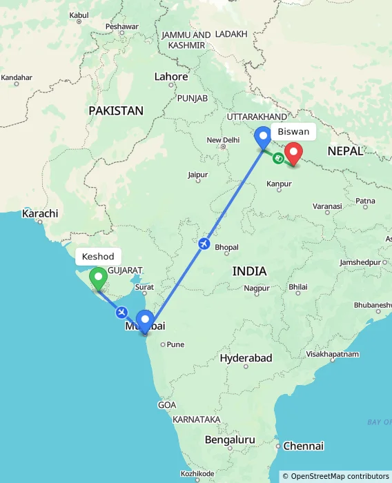 Route map showing distance and travel time from Keshod, India to Biswan, India