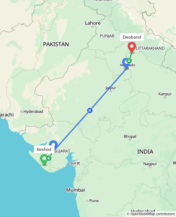 Route map showing distance and travel time from Keshod, India to Deoband, India