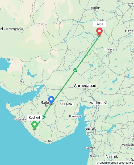 Route map showing distance and travel time from Keshod, India to Falna, India