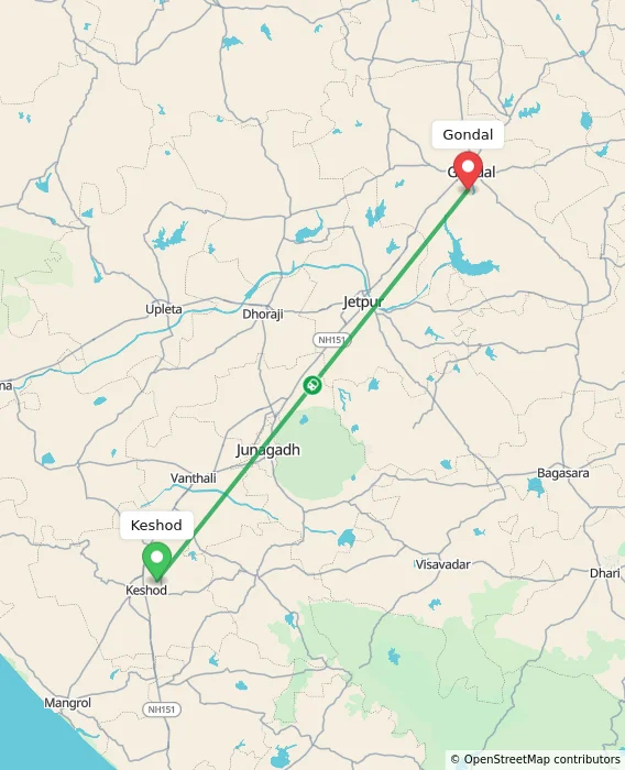 Route map showing distance and travel time from Keshod, India to Gondal, India