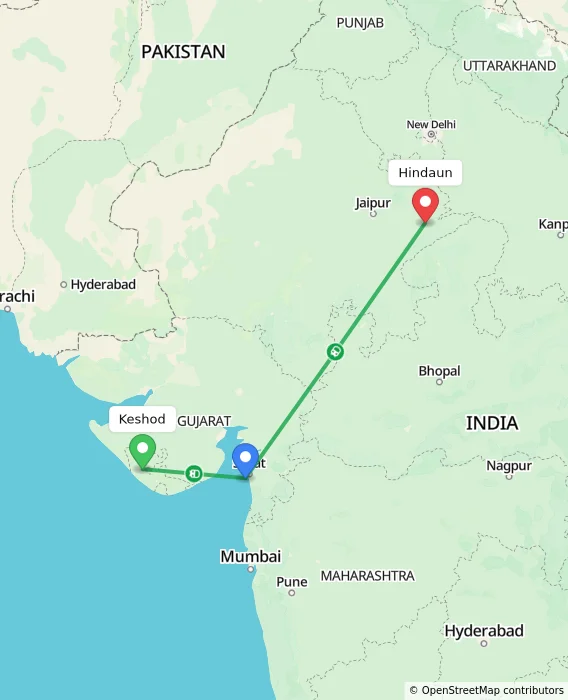 Route map showing distance and travel time from Keshod, India to Hindaun, India