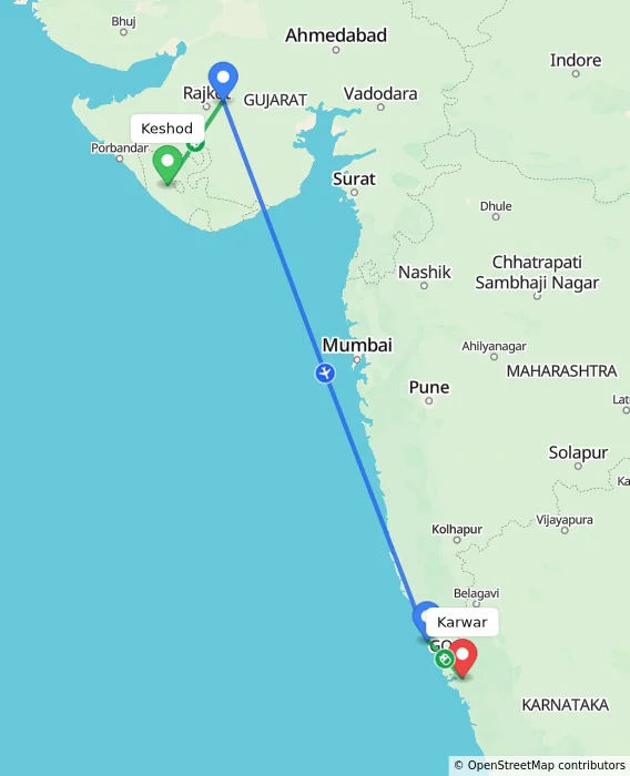 Route map showing distance and travel time from Keshod, India to Karwar, India