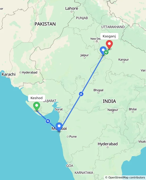 Route map showing distance and travel time from Keshod, India to Kasganj, India