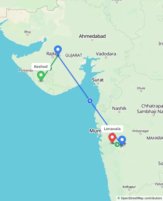 Route map showing distance and travel time from Keshod, India to Lonavala, India
