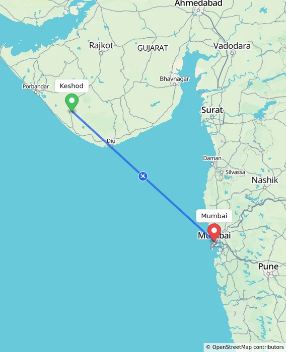 Route map showing distance and travel time from Keshod, India to Mumbai, India