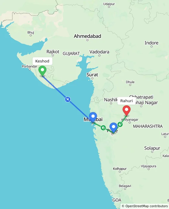 Route map showing distance and travel time from Keshod, India to Rahuri, India