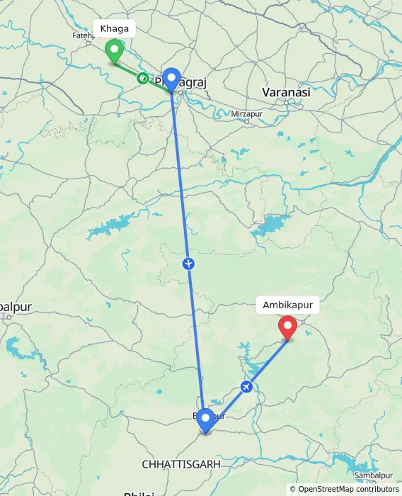 Route map showing distance and travel time from Khaga, India to Ambikapur, India