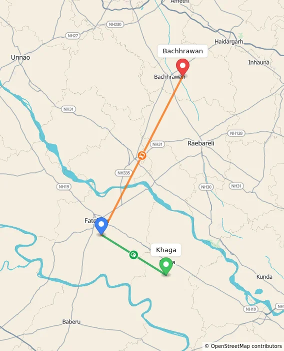 Route map showing distance and travel time from Khaga, India to Bachhrawan, India
