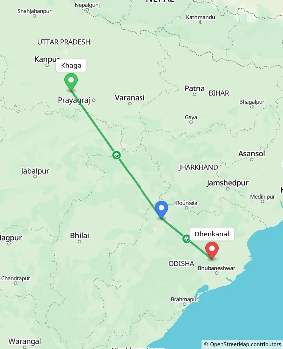 Route map showing distance and travel time from Khaga, India to Dhenkanal, India