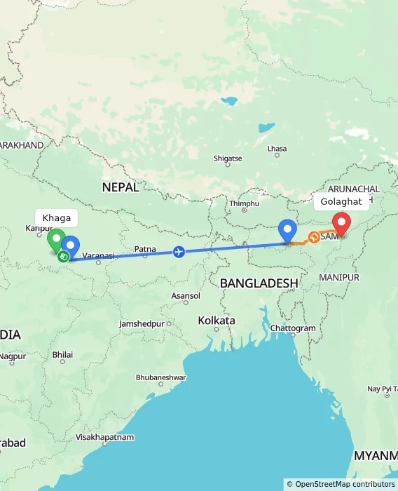 Route map showing distance and travel time from Khaga, India to Golaghat, India
