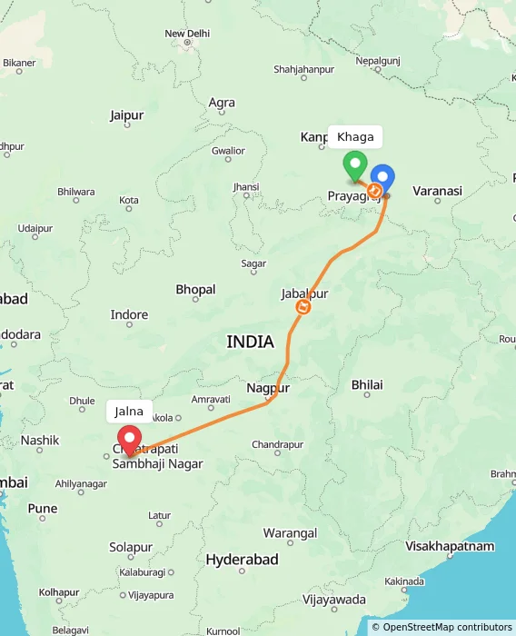 Route map showing distance and travel time from Khaga, India to Jalna, India