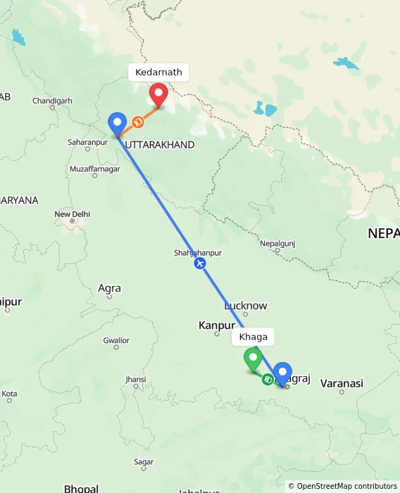 Route map showing distance and travel time from Khaga, India to Kedarnath, India
