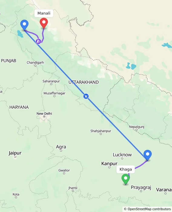 Route map showing distance and travel time from Khaga, India to Manali, India