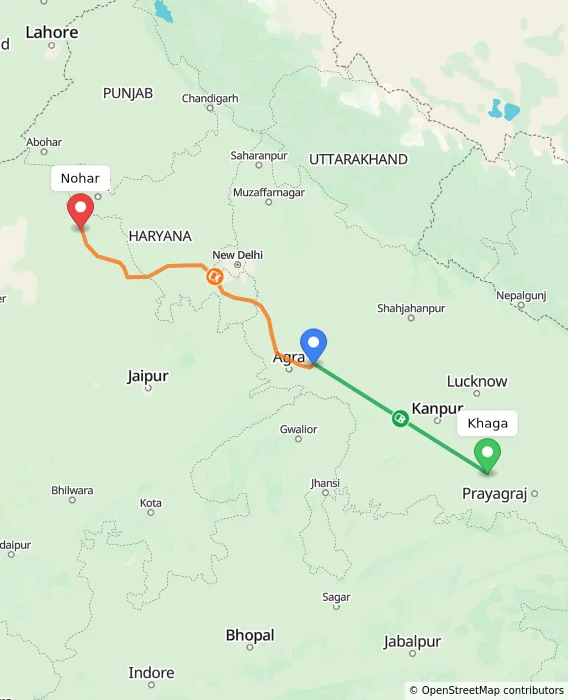 Route map showing distance and travel time from Khaga, India to Nohar, India