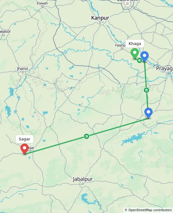 Route map showing distance and travel time from Khaga, India to Sagar, India