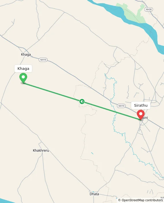 Route map showing distance and travel time from Khaga, India to Sirathu, India