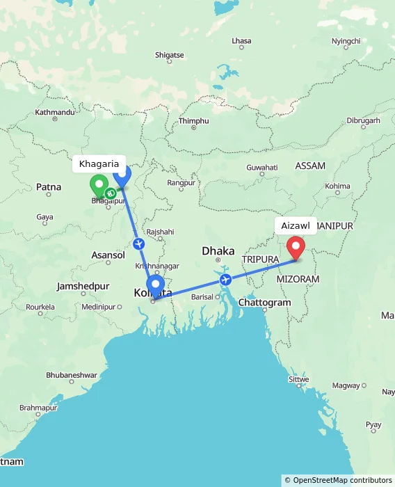Route map showing distance and travel time from Khagaria, India to Aizawl, India