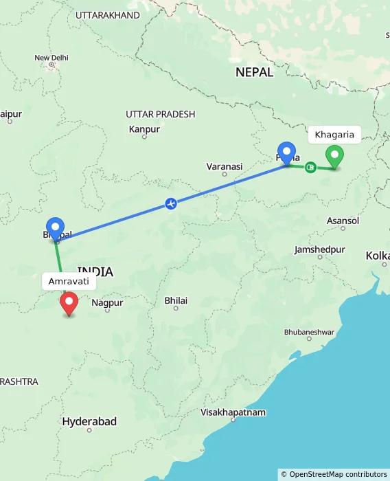 Route map showing distance and travel time from Khagaria, India to Amravati, India