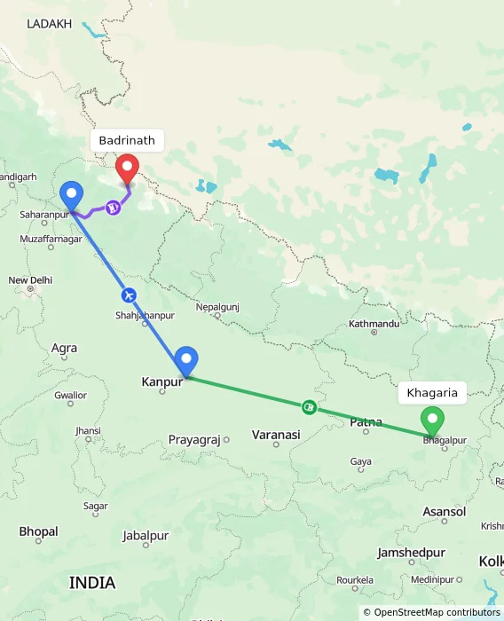Route map showing distance and travel time from Khagaria, India to Badrinath, India
