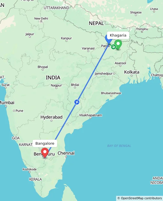 Route map showing distance and travel time from Khagaria, India to Bangalore, India