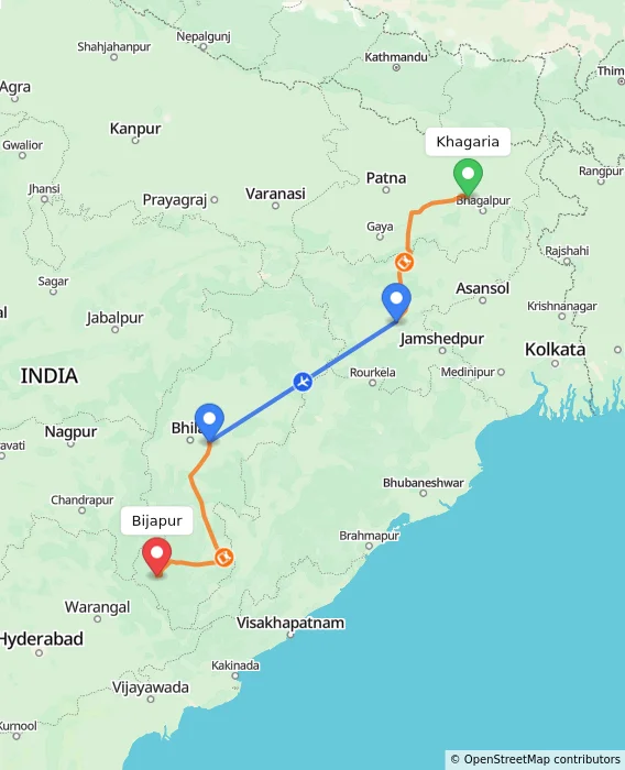Route map showing distance and travel time from Khagaria, India to Bijapur, India