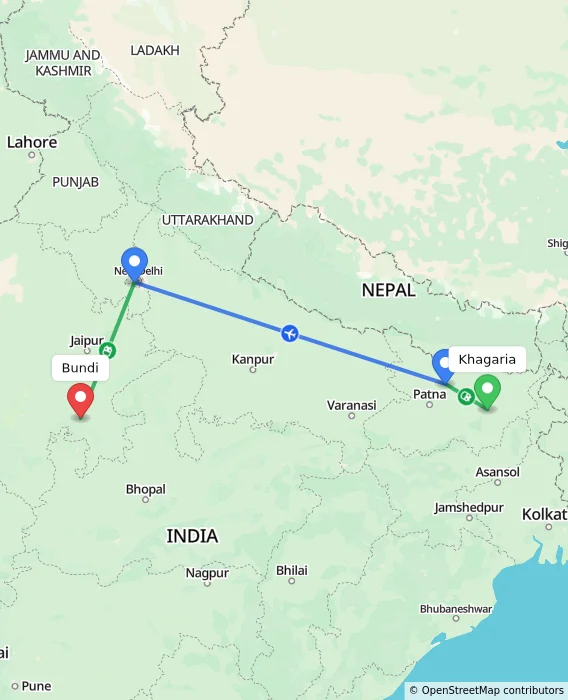 Route map showing distance and travel time from Khagaria, India to Bundi, India