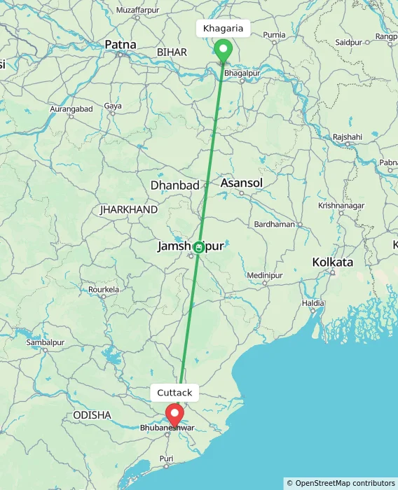Route map showing distance and travel time from Khagaria, India to Cuttack, India