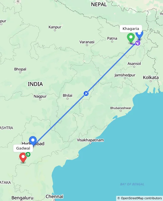 Route map showing distance and travel time from Khagaria, India to Gadwal, India