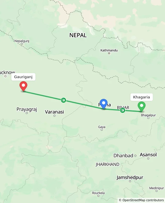 Route map showing distance and travel time from Khagaria, India to Gauriganj, India
