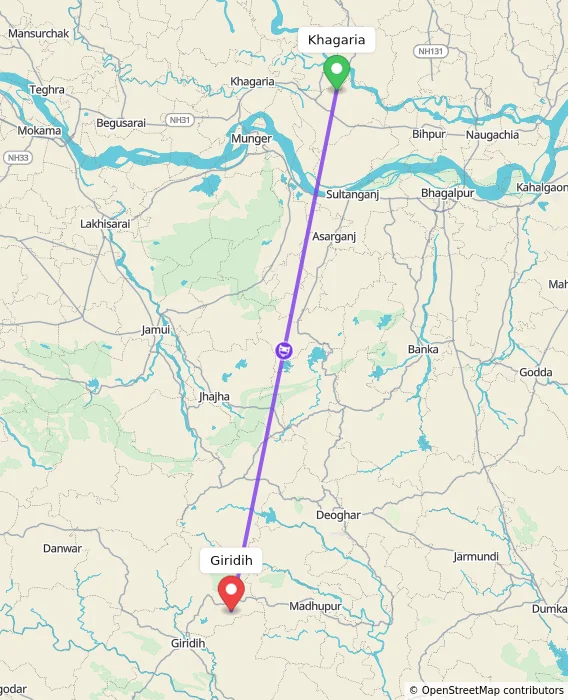 Route map showing distance and travel time from Khagaria, India to Giridih, India