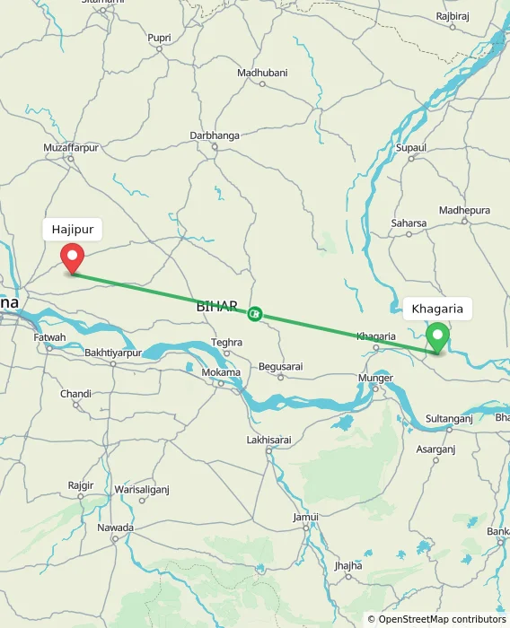 Route map showing distance and travel time from Khagaria, India to Hajipur, India