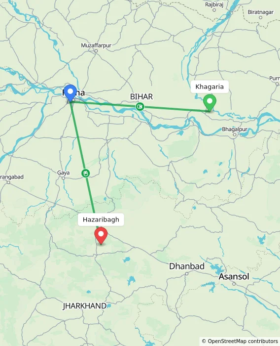 Route map showing distance and travel time from Khagaria, India to Hazaribagh, India