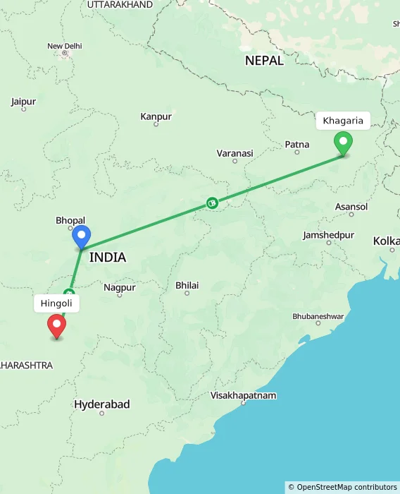 Route map showing distance and travel time from Khagaria, India to Hingoli, India