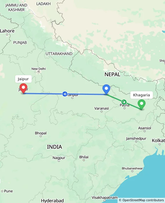 Route map showing distance and travel time from Khagaria, India to Jaipur, India