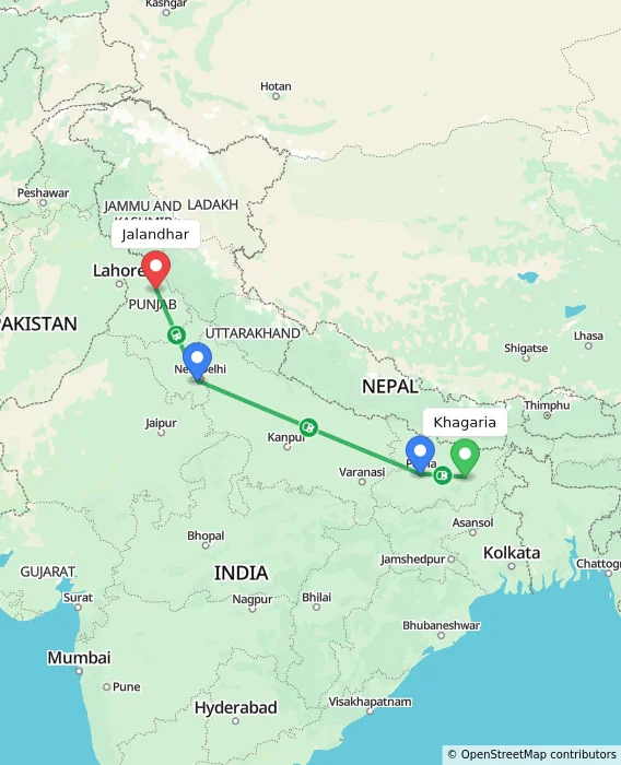Route map showing distance and travel time from Khagaria, India to Jalandhar, India