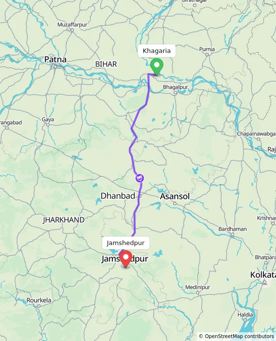 Route map showing distance and travel time from Khagaria, India to Jamshedpur, India