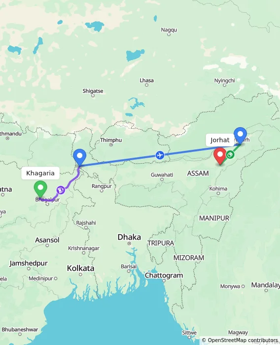 Route map showing distance and travel time from Khagaria, India to Jorhat, India