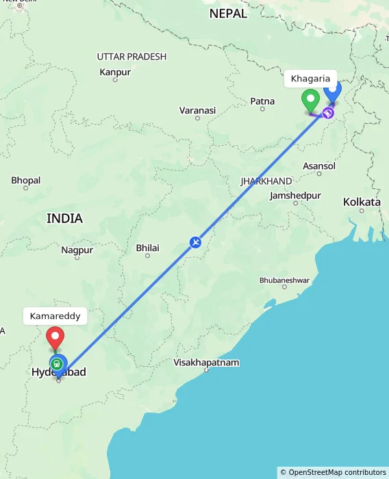 Route map showing distance and travel time from Khagaria, India to Kamareddy, India