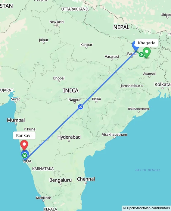 Route map showing distance and travel time from Khagaria, India to Kankavli, India