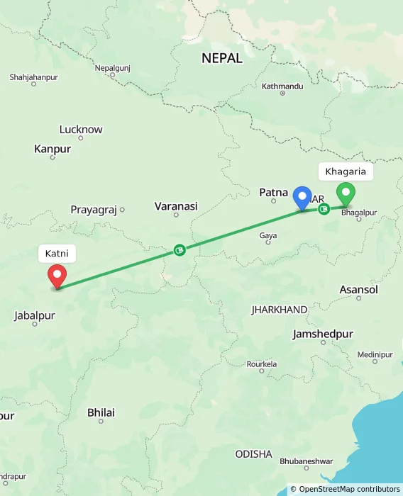 Route map showing distance and travel time from Khagaria, India to Katni, India