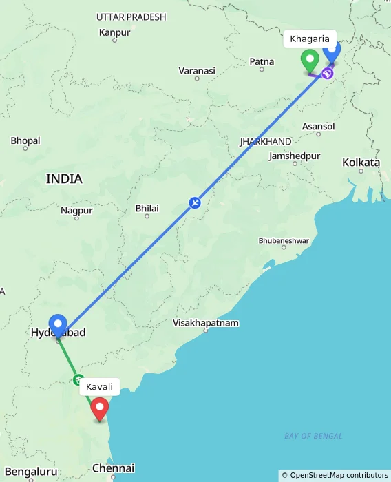 Route map showing distance and travel time from Khagaria, India to Kavali, India