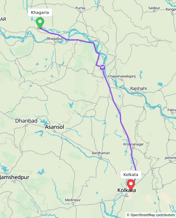 Route map showing distance and travel time from Khagaria, India to Kolkata, India