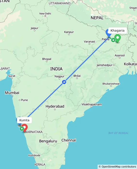 Route map showing distance and travel time from Khagaria, India to Kumta, India