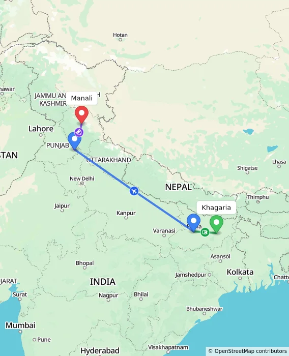 Route map showing distance and travel time from Khagaria, India to Manali, India