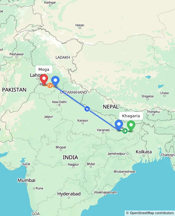 Route map showing distance and travel time from Khagaria, India to Moga, India
